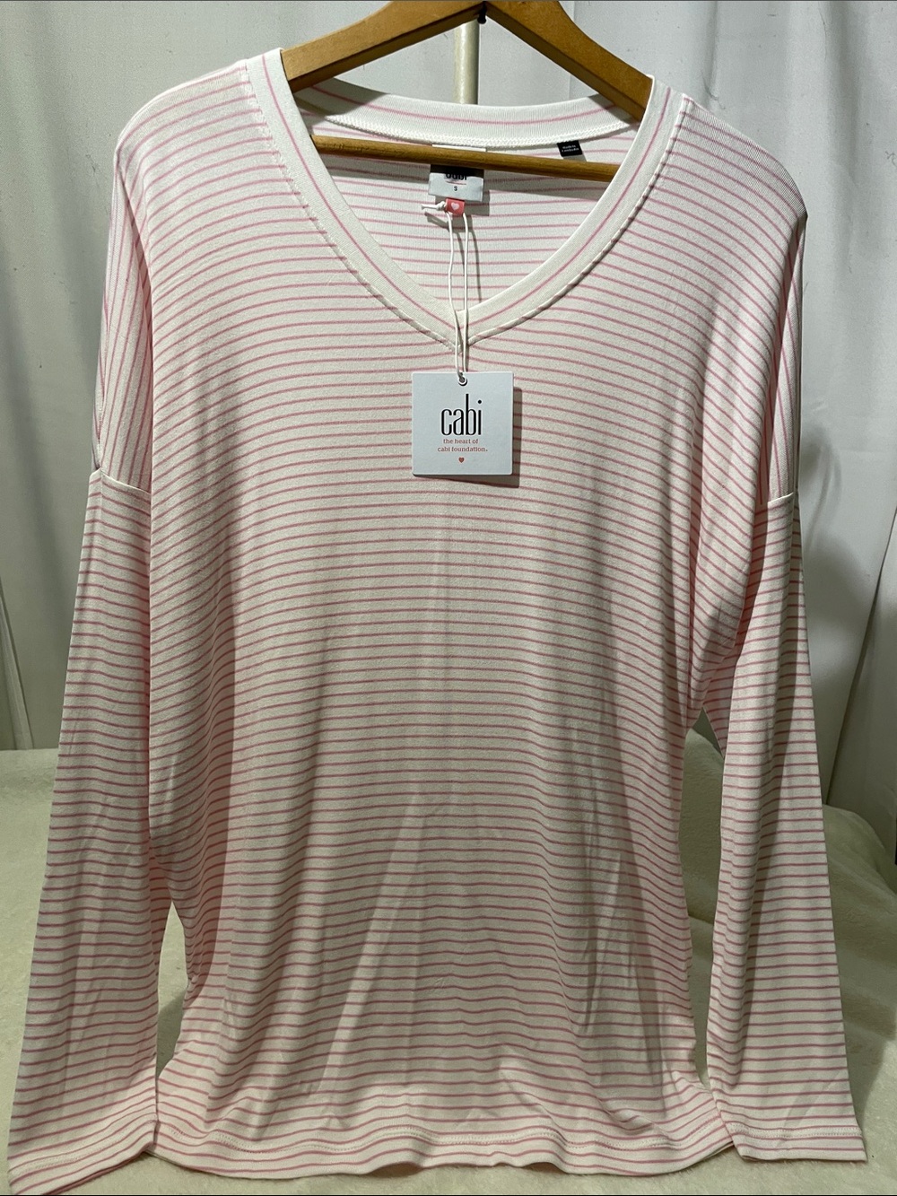 CAbi Soft Pink & White Striped V-Neck Long Sleeve Top